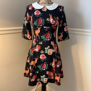 Hell Bunny Woodland Creature Vintage Retro 60s Style mini dress w/collar XS
